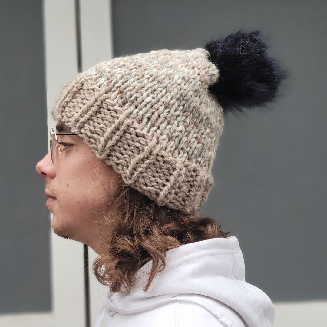 Chunky Fair Isle Pom Hat in Tan and Speckled Cream MakerPlace by Michaels